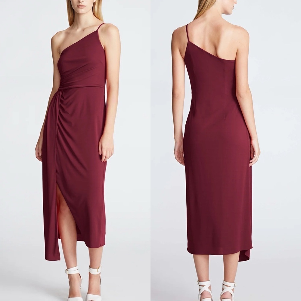 Halston Camille One Shoulder Dress in Bordeaux Red Matte Jersey Sz 14 NWT